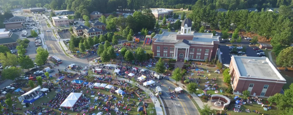 Beautiful Snellville GA Downtown and city hall drone view