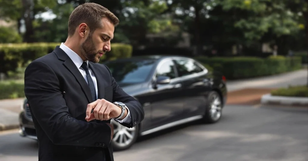 Professional chauffeur from a Atlanta Elite Limo waits for a client, standing beside a high-end black sedan while checking the time, representing punctual and premium chauffeur service in Atlanta for VIP travel.