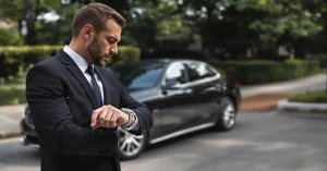 Professional chauffeur from a Atlanta Elite Limo waits for a client, standing beside a high-end black sedan while checking the time, representing punctual and premium chauffeur service in Atlanta for VIP travel.