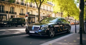 Luxury black Mercedes-Benz sedan from Atlanta Elite Limo parked on a beautiful, tree-lined urban street.