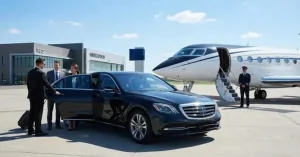Professional chauffeur holding a car door open for corporate executives next to a luxury black Mercedes sedan and a private jet at an FBO terminal, providing Alpharetta airport transportation from ATL.