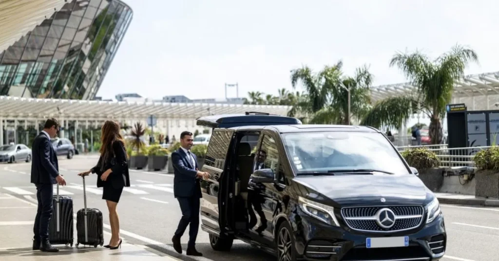 Luxury Athens Airport limo service featuring a professional chauffeur and Mercedes-Benz executive van for ATL transfers.