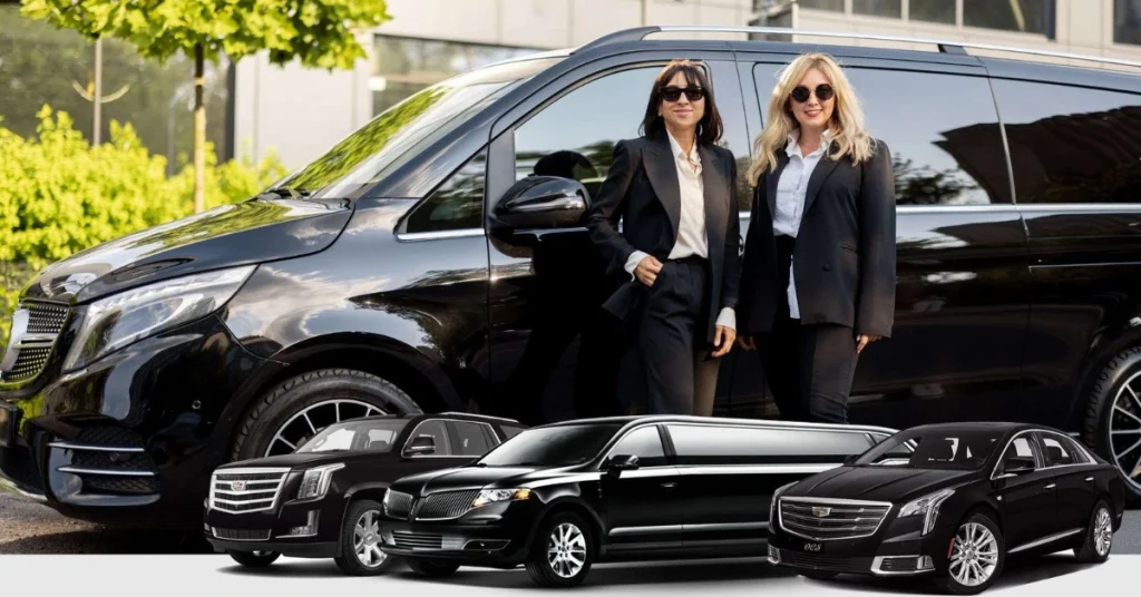 Professional female executives standing beside a black Mercedes-Benz Sprinter van, with a Cadillac Escalade, Lincoln MKT stretch limousine, and Cadillac XTS sedan in the foreground representing Alpharetta limo service options for ATL airport transfers.