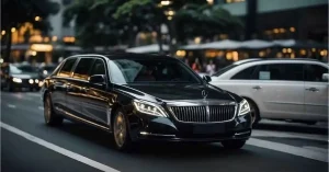 Black luxury stretch limousine driving on a city street at night, providing professional limo service Gainesville GA, for weddings and corporate events.