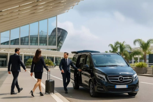 A professional chauffeur opens a luxury Mercedes van for business travelers, showcasing the premium limo service Gainesville GA locals choose for airport transfers.