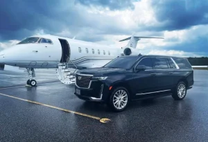 Luxury Smyrna airport limo service featuring a black SUV and private jet at the airfield for ATL airport travel.