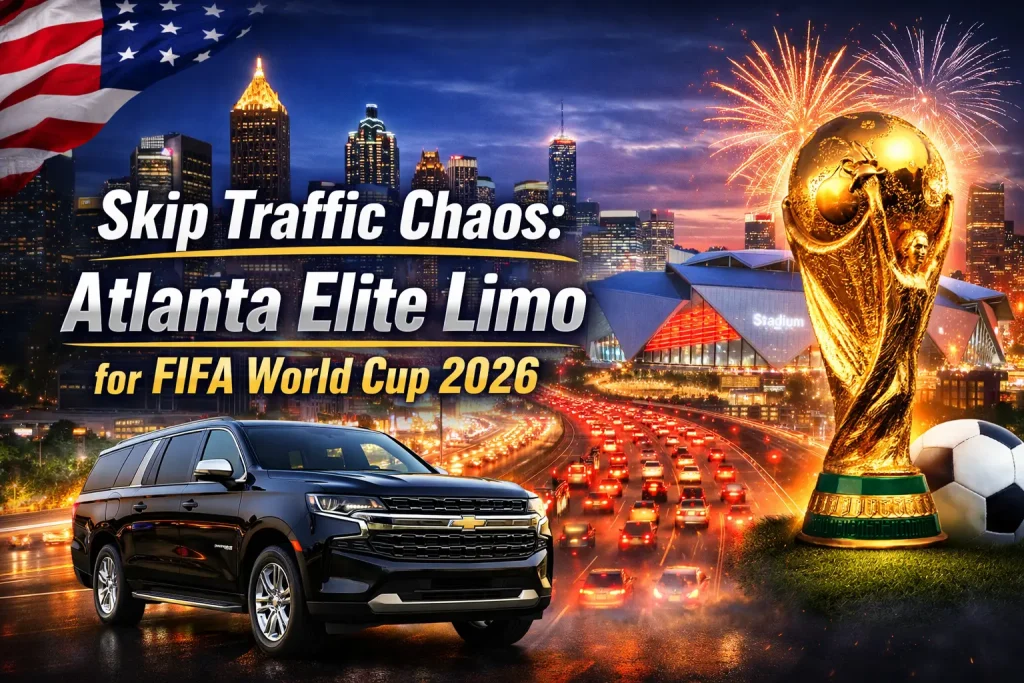 Luxury black SUV chauffeur service by Atlanta Elite Limo positioned against the Atlanta skyline and Mercedes-Benz Stadium. The graphic features the FIFA World Cup 2026 trophy and fireworks, contrasting a gridlocked highway with premium stadium transportation for soccer fans.