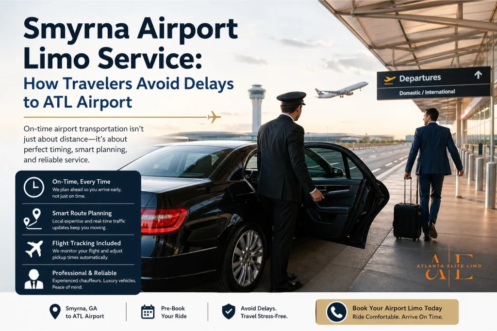 Luxury limo service at ATL Airport departures terminal, featuring Smyrna Airport Limo Service branding and travel benefits.