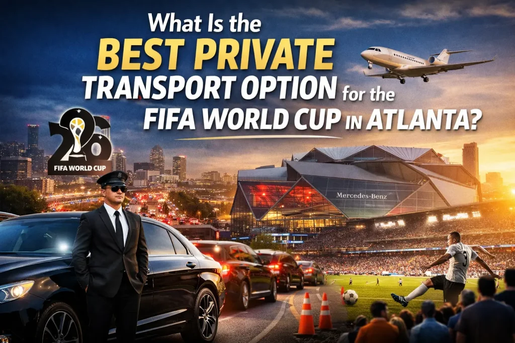 FIFA World Cup 2026 Atlanta transport concept showing Mercedes-Benz Stadium, luxury chauffeur car, traffic congestion, and private jet symbolizing best private transport options.