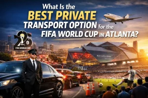 FIFA World Cup 2026 Atlanta transport concept showing Mercedes-Benz Stadium, luxury chauffeur car, traffic congestion, and private jet symbolizing best private transport options.