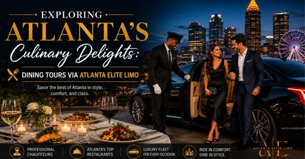 A couple exiting a black luxury sedan with a professional chauffeur next to a gourmet dining table, set against the glowing Atlanta skyline at night.