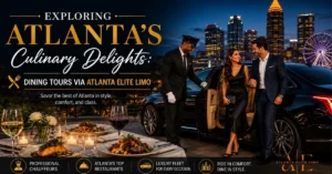 A couple exiting a black luxury sedan with a professional chauffeur next to a gourmet dining table, set against the glowing Atlanta skyline at night.