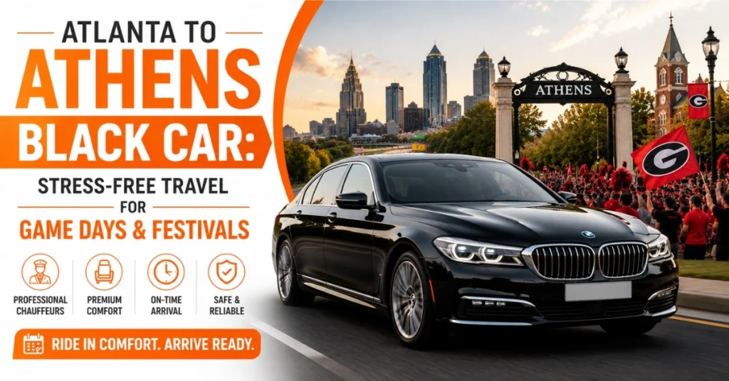 Luxury black BMW 740i providing private black car transportation from Atlanta to Athens for game days and festivals, with the Athens Arch and Atlanta skyline in the background.