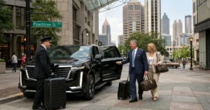 Professional Atlanta chauffeur in uniform loading luggage into a premium black luxury SUV on Peachtree Street with the Atlanta skyline in the background.