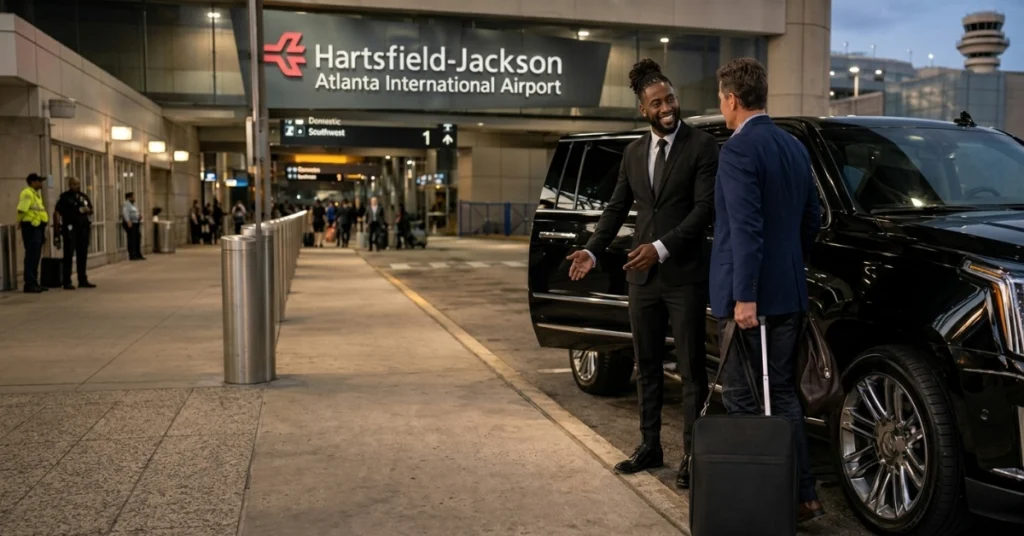Chauffeur assisting a passenger into a luxury SUV at Hartsfield-Jackson Atlanta Airport.