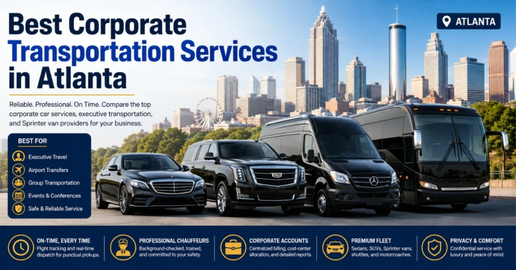 Corporate transportation services in Atlanta with executive cars, SUVs, Sprinter vans, and a motorcoach.