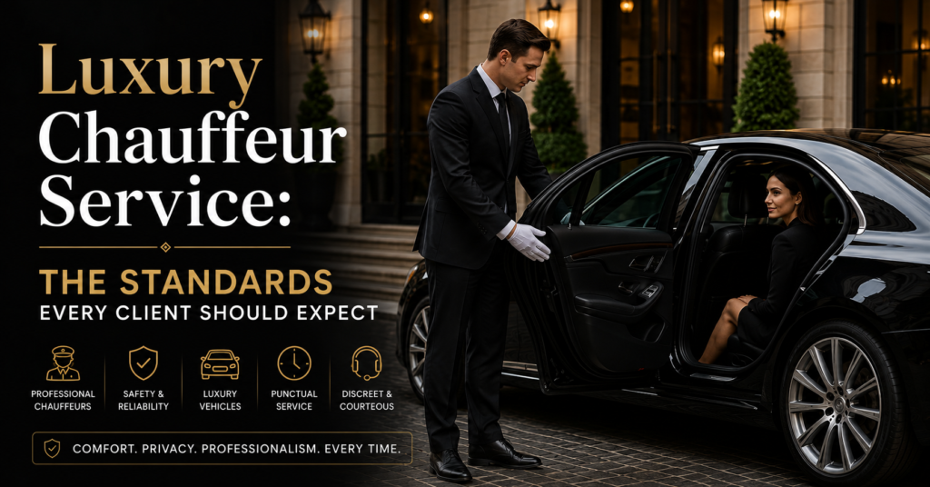 Professional luxury chauffeur service with a chauffeur opening a black luxury sedan for a passenger.