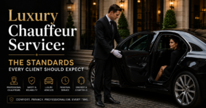 Professional luxury chauffeur service with a chauffeur opening a black luxury sedan for a passenger.